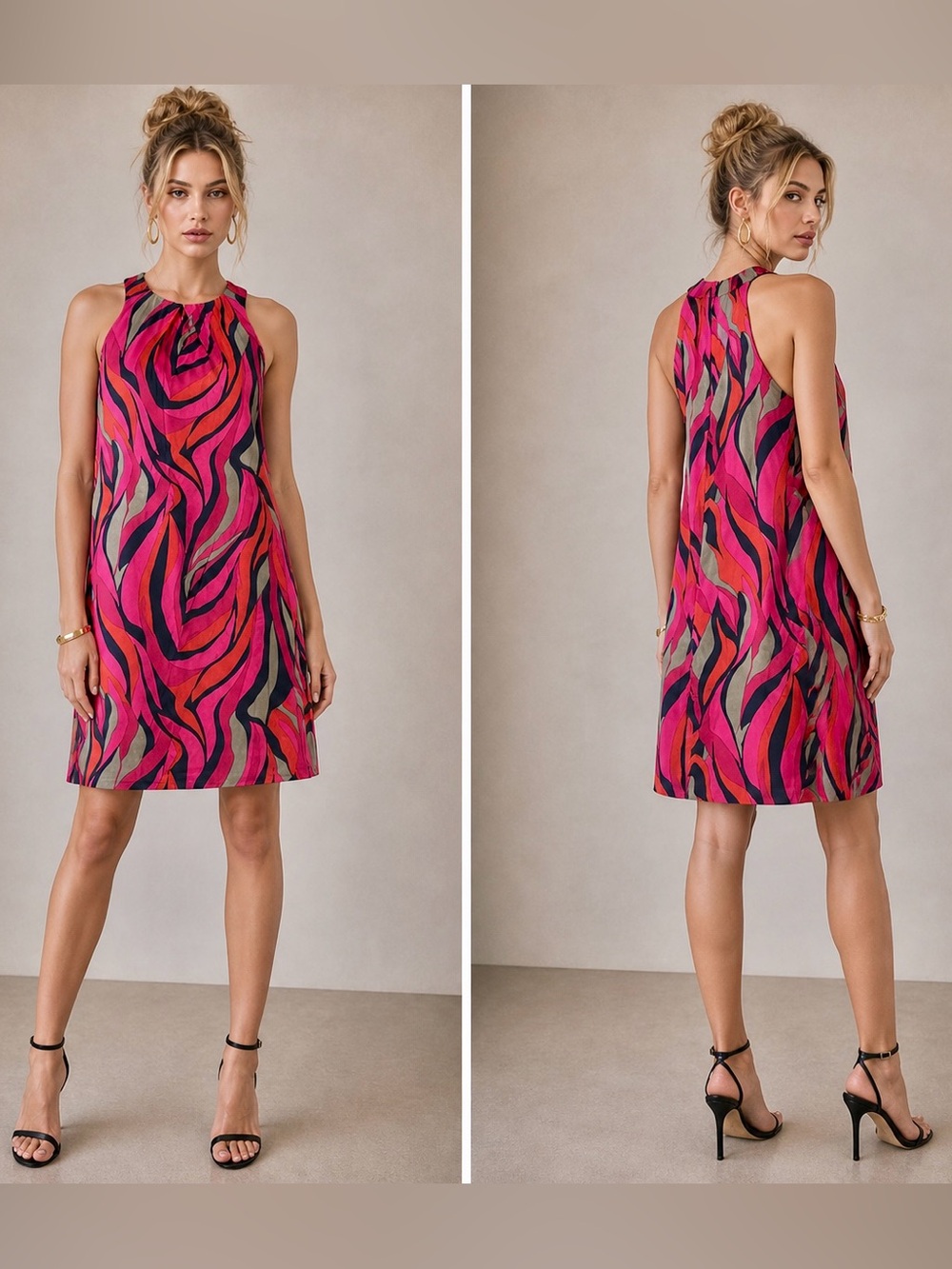 Trina Turk Multicolor Pink & Black Wave-Print Halter Dress